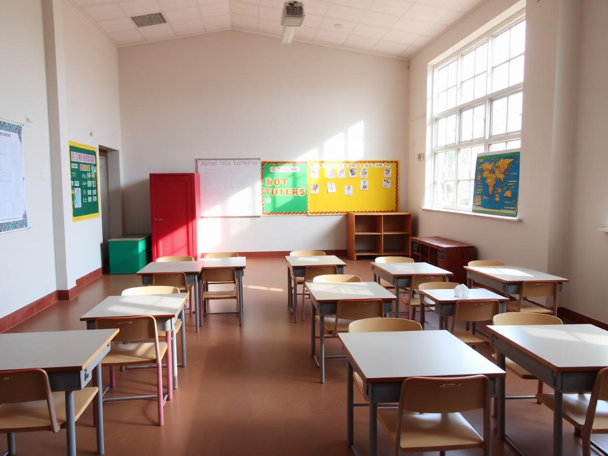 A bright classroom with small desks and colourful learning charts
