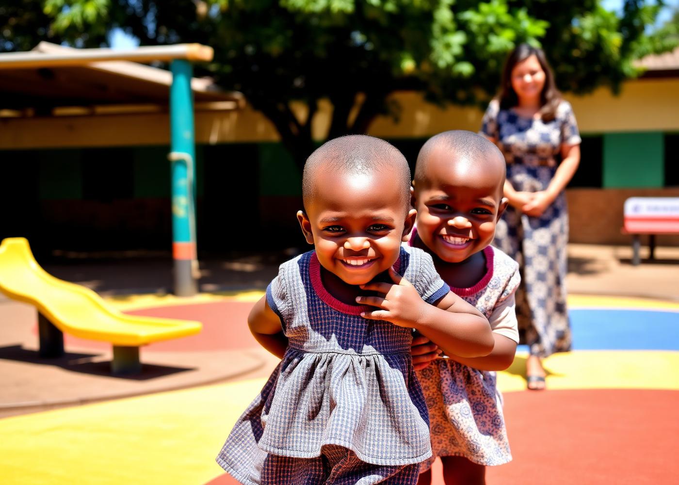 Two children playing happily on a colourful school playground
