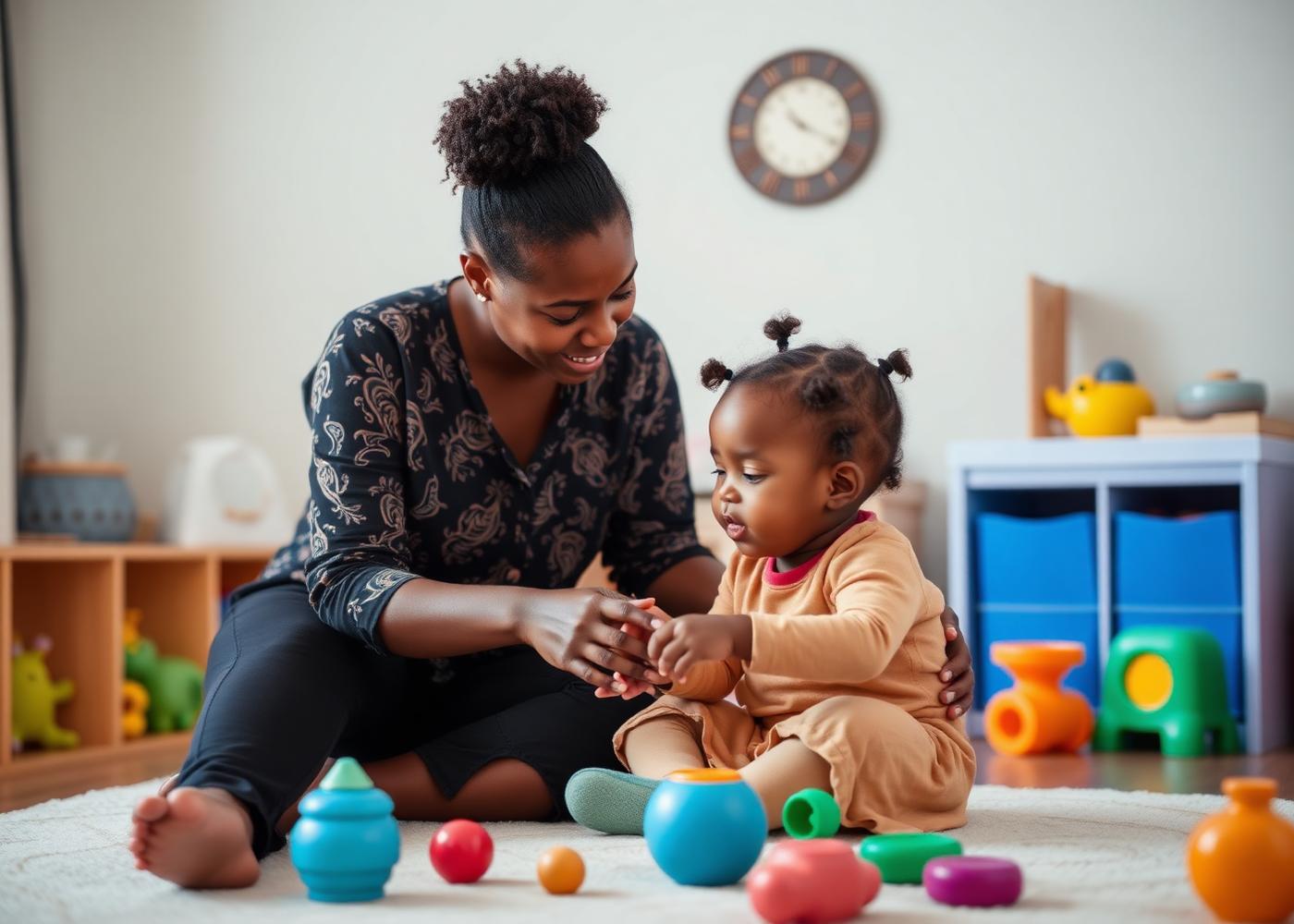 A caring adult supporting a young child during a play-based learning session